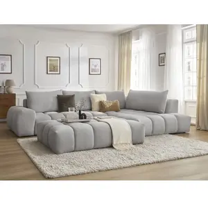 Canapé d'angle fixe EVEREST tissu texturé avec pouf Bobochic