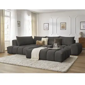 Canapé d'angle fixe EVEREST tissu texturé avec pouf Bobochic