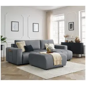 Canapé d'angle réversible convertible coffre ARSENE tissu velours avec pouf Bobochic