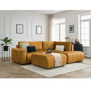 BOBOCHIC Canapé d'angle L convertible coffre ARSENE tissu velours avec pouf jau... pas cher