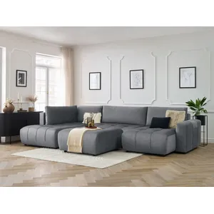 Canapé panoramique convertible coffre ARSENE tissu velours avec pouf Bobochic pas cher