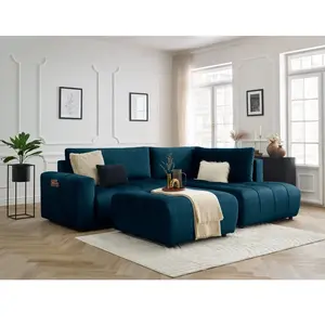 Canapé d'angle L convertible coffre ARSENE tissu velours avec pouf Bobochic pas cher