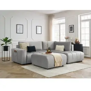 Canapé d'angle L convertible coffre ARSENE tissu velours avec pouf Bobochic pas cher