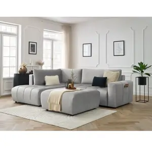Canapé d'angle L convertible coffre ARSENE tissu velours avec pouf Bobochic pas cher