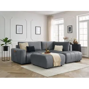 Canapé d'angle L convertible coffre ARSENE tissu velours avec pouf Bobochic pas cher