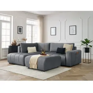 Canapé d'angle L convertible coffre ARSENE tissu velours avec pouf Bobochic pas cher