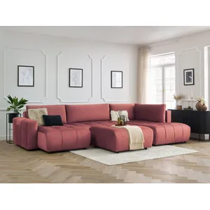 Canapé panoramique convertible coffre ARSENE tissu velours avec pouf Bobochic pas cher