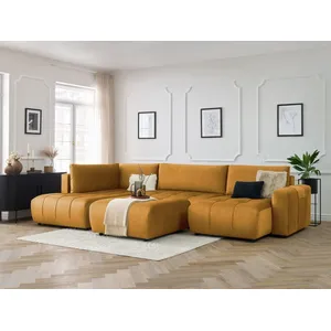 Canapé panoramique convertible coffre ARSENE tissu velours avec pouf Bobochic pas cher
