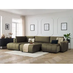 Canapé panoramique convertible coffre ARSENE tissu velours avec pouf Bobochic pas cher