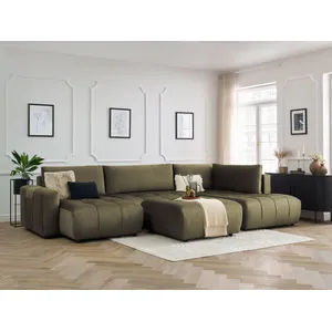 Canapé panoramique convertible coffre ARSENE tissu velours avec pouf Bobochic pas cher