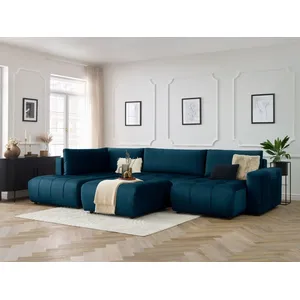 Canapé panoramique convertible coffre ARSENE tissu velours avec pouf Bobochic pas cher