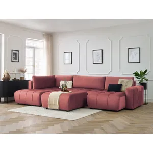 Canapé panoramique convertible coffre ARSENE tissu velours avec pouf Bobochic pas cher