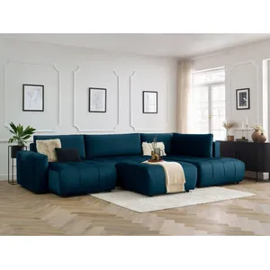 Canapé panoramique convertible coffre ARSENE tissu velours avec pouf Bobochic pas cher