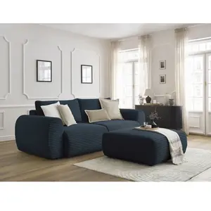 Canapé droit convertible coffre LUCIEN gros côtelé doux avec pouf bleu...