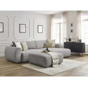 Canapé d'angle convertible coffre LUCIEN tissu lisse avec pouf gris cl...