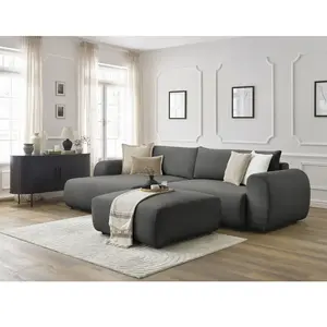Canapé d'angle convertible coffre LUCIEN tissu lisse avec pouf gris fo...