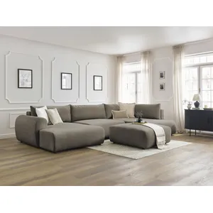 Canapé panoramique convertible coffre LUCIEN tissu lisse avec pouf Bobochic pas cher