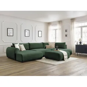 Canapé panoramique convertible coffre LUCIEN tissu lisse avec pouf Bobochic pas cher