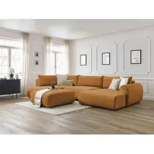 Canapé panoramique convertible coffre LUCIEN tissu lisse avec pouf Bobochic pas cher