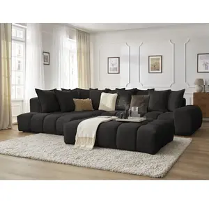 Canapé d'angle fixe EVEREST tissu texturé avec pouf Bobochic pas cher