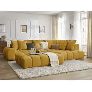 Canapé d'angle fixe EVEREST tissu texturé avec pouf Bobochic pas cher