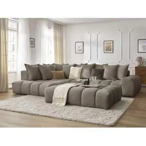 Canapé d'angle fixe EVEREST tissu texturé avec pouf Bobochic pas cher