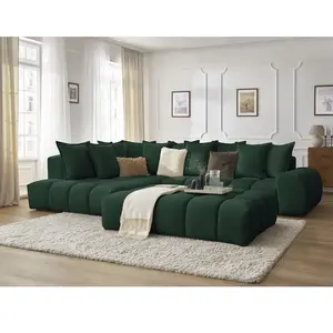 Canapé d'angle fixe EVEREST tissu texturé avec pouf Bobochic
