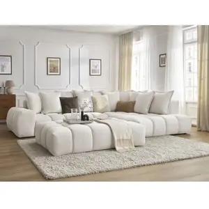 Canapé d'angle fixe EVEREST tissu texturé avec pouf Bobochic pas cher