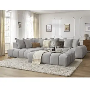 Canapé d'angle fixe EVEREST tissu texturé avec pouf Bobochic