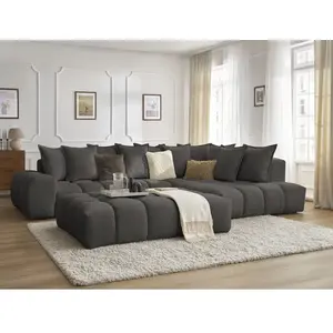Canapé d'angle fixe EVEREST tissu texturé avec pouf Bobochic