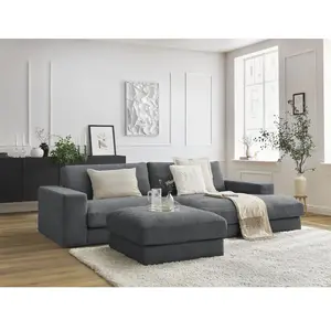 Canapé d'angle fixe compact LEONARD tissu texturé avec pouf gris foncé...