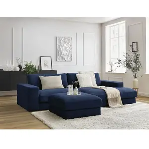 Canapé d'angle fixe compact LEONARD tissu texturé avec pouf bleu foncé...
