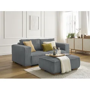 Canapé droit fixe 2 places CHELSEA gros côtelé doux avec pouf Bobochic pas cher