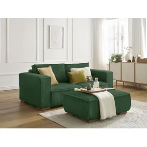 BOBOCHIC Canapé droit fixe 2 places CHELSEA gros côtelé doux avec pouf vert BOB... pas cher