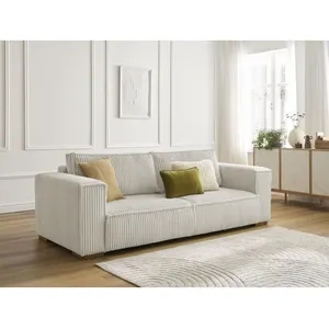 Canapé droit fixe 3 places CHELSEA gros côtelé doux beige BOBOCHIC pas cher