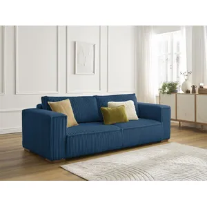 Canapé droit fixe 3 places CHELSEA gros côtelé doux bleu foncé BOBOCHIC pas cher