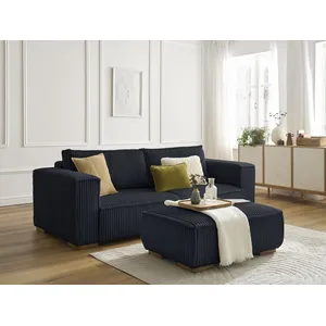 Canapé droit fixe 3 places CHELSEA gros côtelé doux avec pouf Bobochic pas cher
