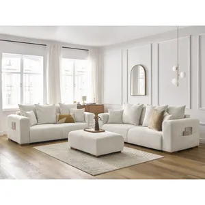 Ensemble canapé droit fixe 3 + 2 places SIDONIE tissu chiné avec pouf Bobochic pas cher
