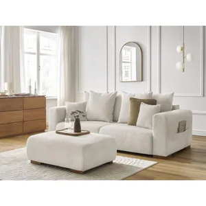 Canapé droit fixe 3 places SIDONIE tissu chiné avec pouf beige   BOBOCHIC pas cher