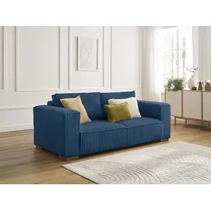 Canapé droit fixe 2 places CHELSEA gros côtelé doux bleu foncé BOBOCHIC pas cher