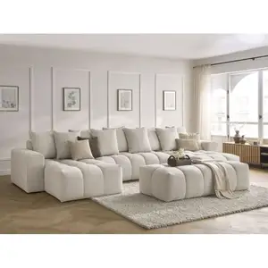 Bobochic - Canapé panoramique fixe mont-blanc tissu chiné avec pouf Beige pas cher