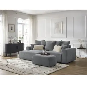 Canapé d'angle convertible coffre ATILLA tissu texturé avec pouf gris ...