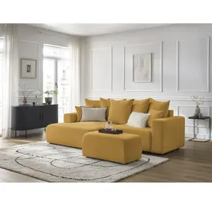 Canapé d'angle convertible coffre ATILLA tissu chiné avec pouf jaune ...