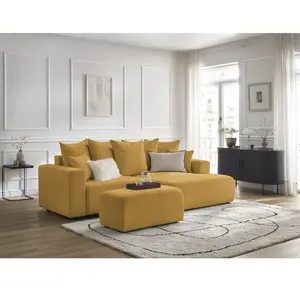 Canapé d'angle convertible coffre ATILLA tissu chiné avec pouf jaune ...