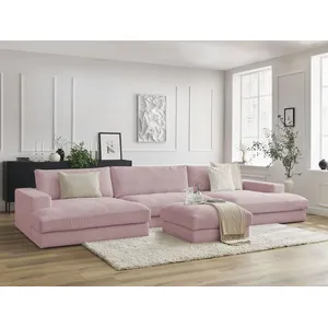 Canapé panoramique fixe compact LEONARD velours côtelé avec pouf Bobochic pas cher