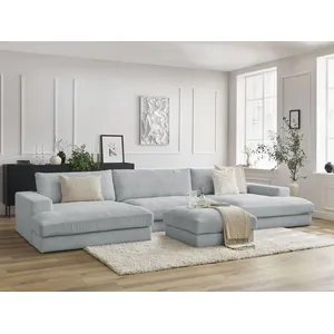 Canapé panoramique fixe compact LEONARD velours côtelé avec pouf Bobochic pas cher