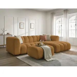 Canapé d'angle fixe TALIA tissu bouclette avec pouf Bobochic pas cher