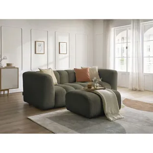Canapé droit fixe 3 places TALIA tissu bouclette avec pouf Bobochic pas cher