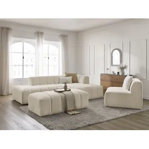 Canapé d'angle fixe modulable ANNECY tissu bouclette avec 1 chauffeuse 1 place et 1 pouf Bobochic pas cher