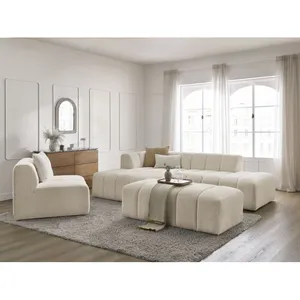 Canapé d'angle fixe modulable ANNECY tissu bouclette avec 1 chauffeuse 1 place et 1 pouf Bobochic pas cher